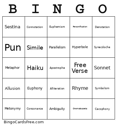 Poetic Devices & Terminology Bingo Card