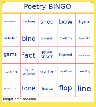 Poetry Bingo Card
