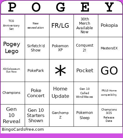 Pogey Bingo Card