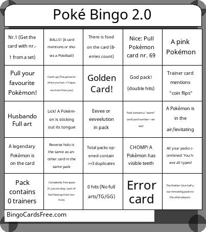 Pokémon Bingo 2.0 Cards Free Pdf Printable Game, Title: Poké Bingo 2.0