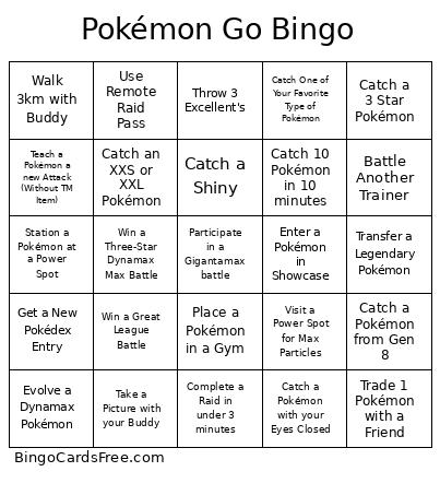 Pokémon Go Bingo Card