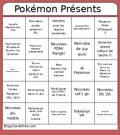 Pokémon Présents Bingo Card