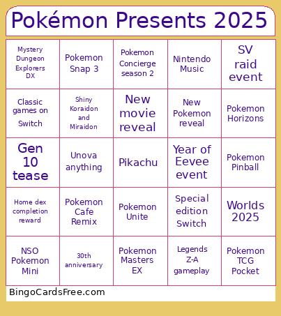 Pokémon Presents 2025 Bingo Card