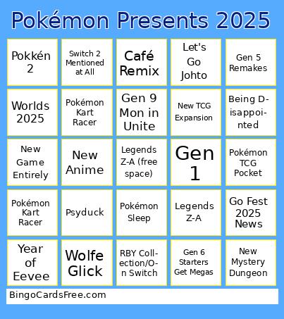 Pokémon Presents 2025 Bingo Cards Free Pdf Printable Game, Title: Pokémon Presents 2025