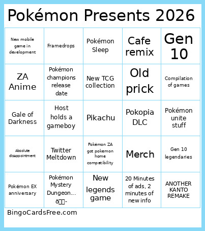 Pokémon Presents 2026 Bingo Card
