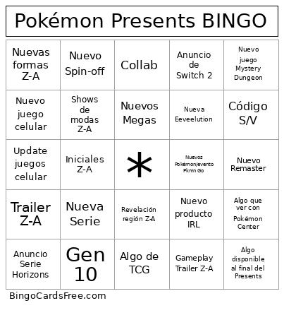 Pokémon Presents Bingo Card