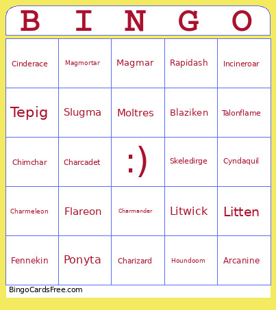 Pokemon - Fire Type Bingo Card