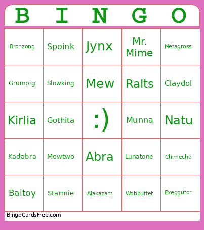 Pokemon - Psychic Bingo Card