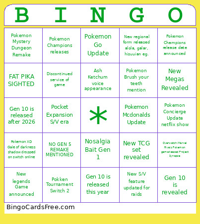 Pokemon Direct Bingo Card