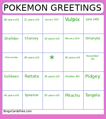 Pokemon Greetings Bingo Card