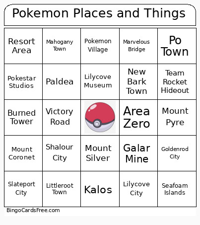 Pokemon Places And Things Bingo Card