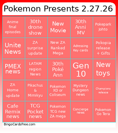 Pokemon Presents 2.27.26 Bingo Card