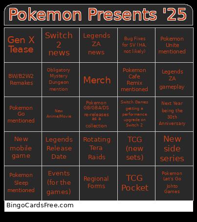 Pokemon Presents '25 Bingo Card