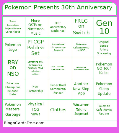 Pokemon Presents 30th Anniversary Bingo Card