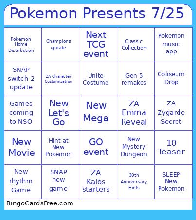 Pokemon Presents July 2025 Bingo