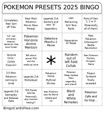 POKEMON PRESETS 2025 Bingo Card