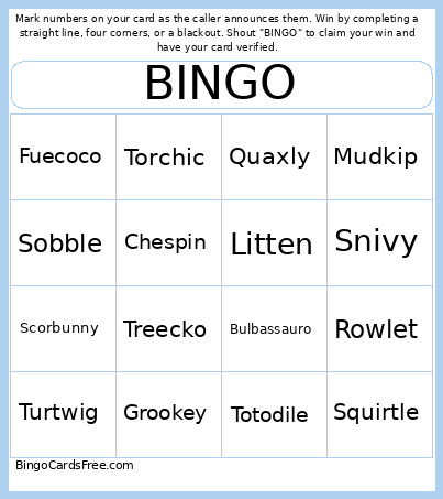 Pokemon Starters Bingo Card