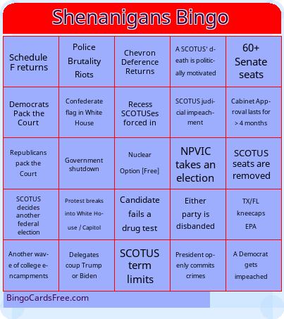 Pol Shen Mid 2024 Bingo Cards Free Pdf Printable Game, Title: Shenanigans Bingo