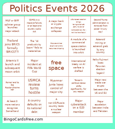 Politics Events 2026 Bingo Card