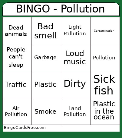 Pollution - 7th Grade Bingo Card