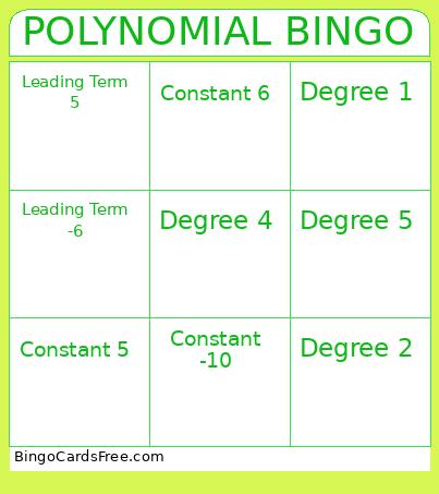 POLYNOMIAL Bingo Card