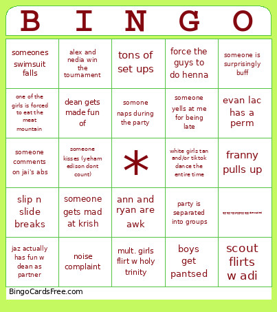 Pool Party Bingo Card