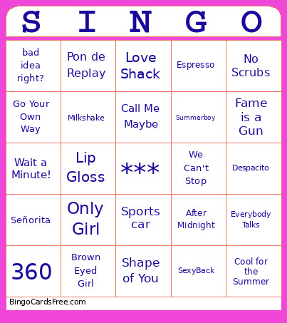 Poolside SINGO #2 Bingo Card
