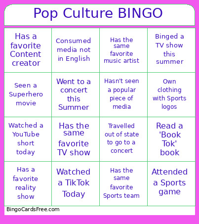 Pop Culture Bingo Card
