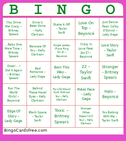 Pop Divas Bingo Card