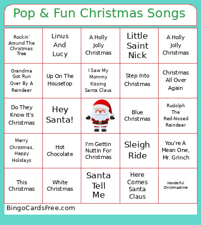 Pop & Fun Christmas Songs Bingo Card