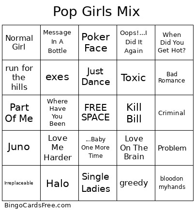 Pop Girls Mix Bingo Card