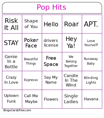 Pop Hits Bingo Card