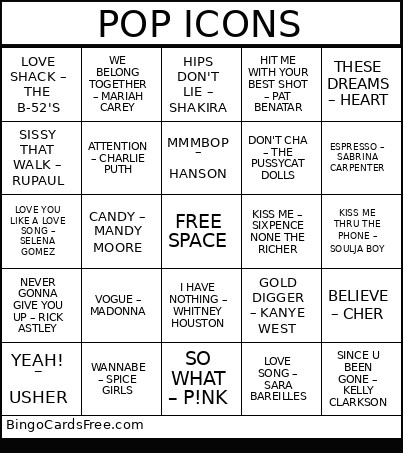 POP ICONS Bingo Card