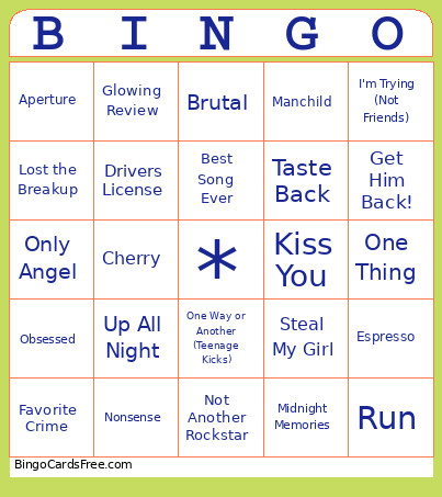 Pop Music Bingo Card