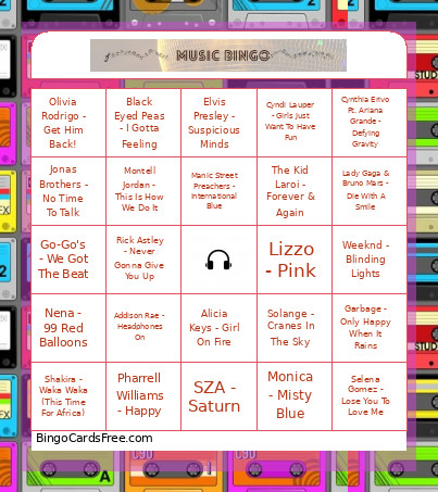 Pop Music Bingo Card