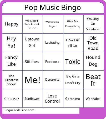 Pop Music Bingo Cards Free Pdf Printable Game, Title: Pop Music Bingo