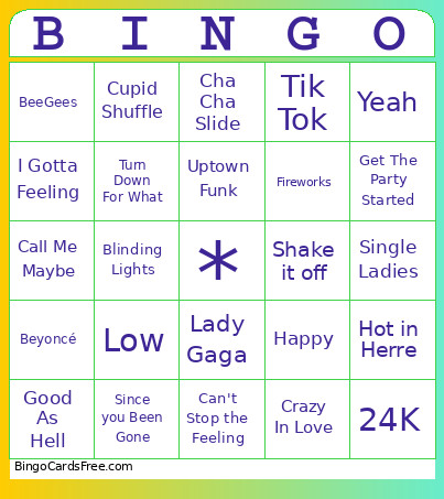 Pop Musical Bingo Card