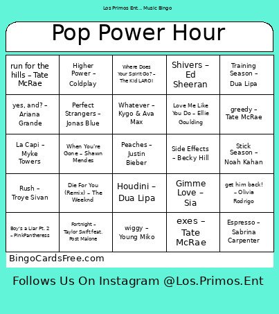 Pop Power Hour Bingo Card