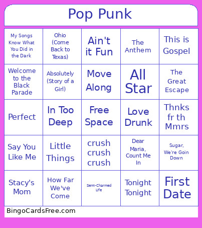 Pop Punk Bingo Card
