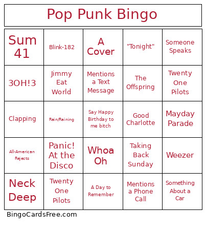 Pop Punk Bingo Card