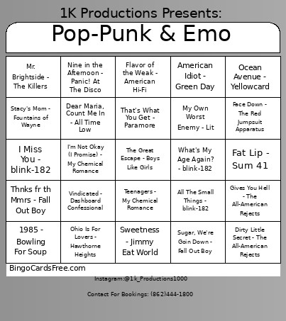 Pop-Punk & Emo Bingo Card