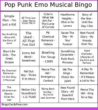 Pop Punk Emo Musical Bingo Card