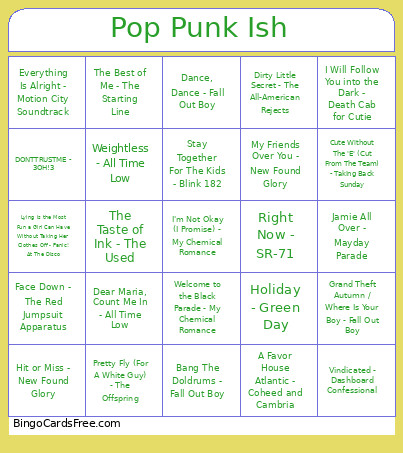 Pop Punk Ish Bingo Card