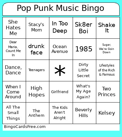 Pop Punk Music Bingo Card