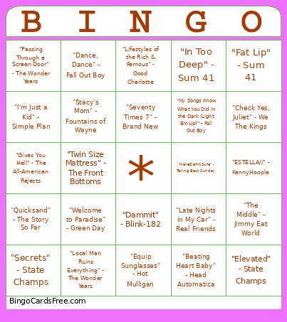 Pop Punk Round Bingo Card