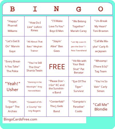 POP Songs Bingo Cards Free Pdf Printable Game, Title: BINGO