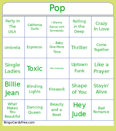 Pop Songs Bingo Card