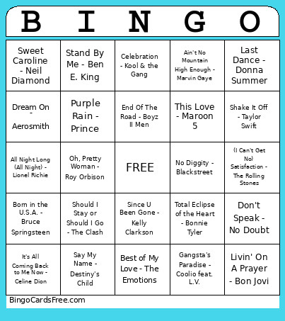 Pop Songs Through The Years Bingo Card