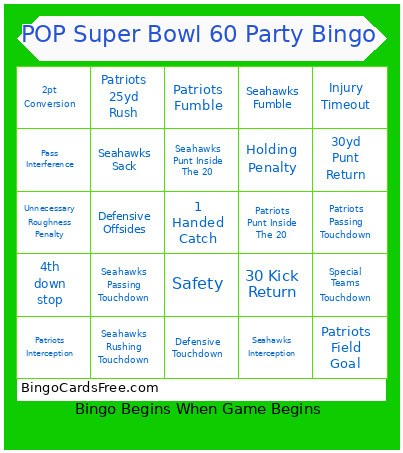 POP Super Bowl 60 Bingo Card