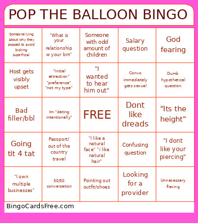 POP THE BALLOON Bingo Card